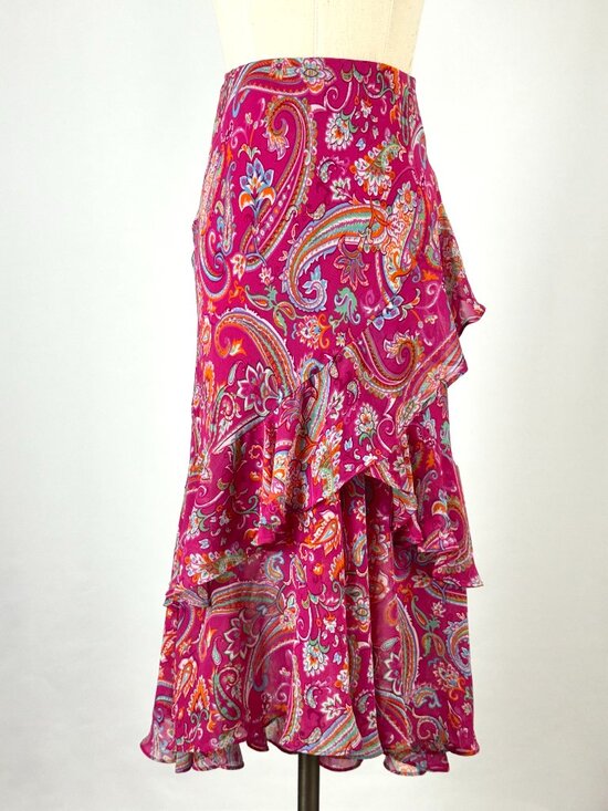 Chaps Dresses & Skirts - Chaps Y2K Hot Pink Paisley Floral Asymmetrical Ruffle Midi Skirt Elastic Waist